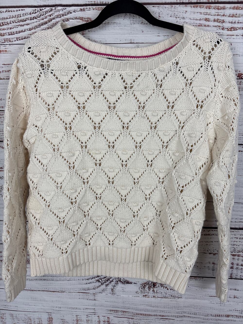 Y2K Tommy Hilfiger Off White Crochet Knit Crewneck Pullover Sweater Womens Sz L